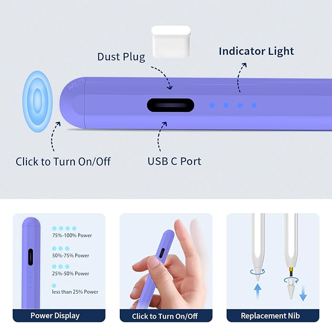 Stylus Pen for iPad,(2018-2026) Fast Charge with Tilt Sensitivity & Palm Rejection Compatible with iPad Pro 11"/12.9", iPad mini 5/6, iPad Air 3/4/5, iPad 6/7/8/9/10 (White Purple)