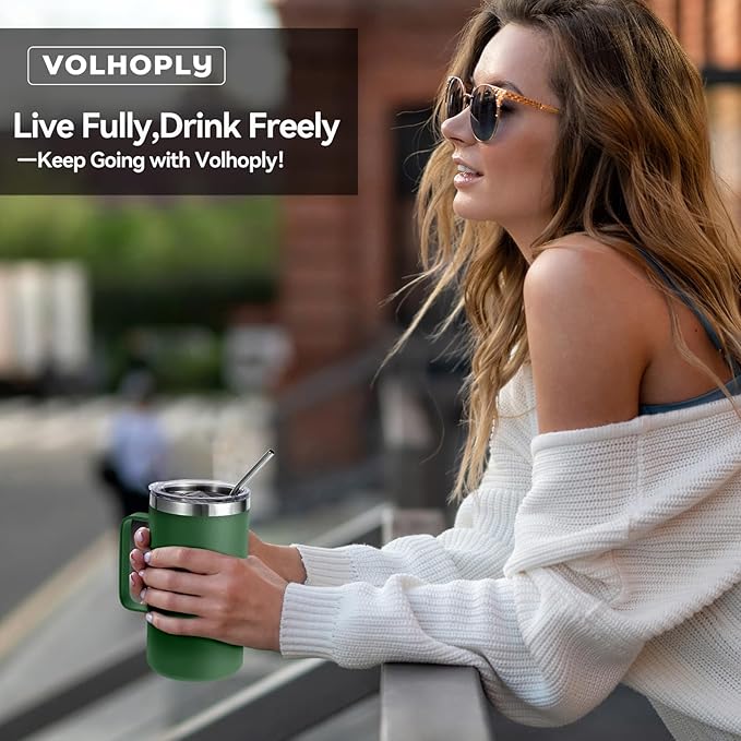 Volhoply 22oz Insulated Stainless Steel Coffee Mug with Leakproof Lid,Double Wall Vacuum Travel Coffee Cup with Handle,Reusable Metal Tumbler,Camping Mugs Keep Hot&Cold(Army Green,1)