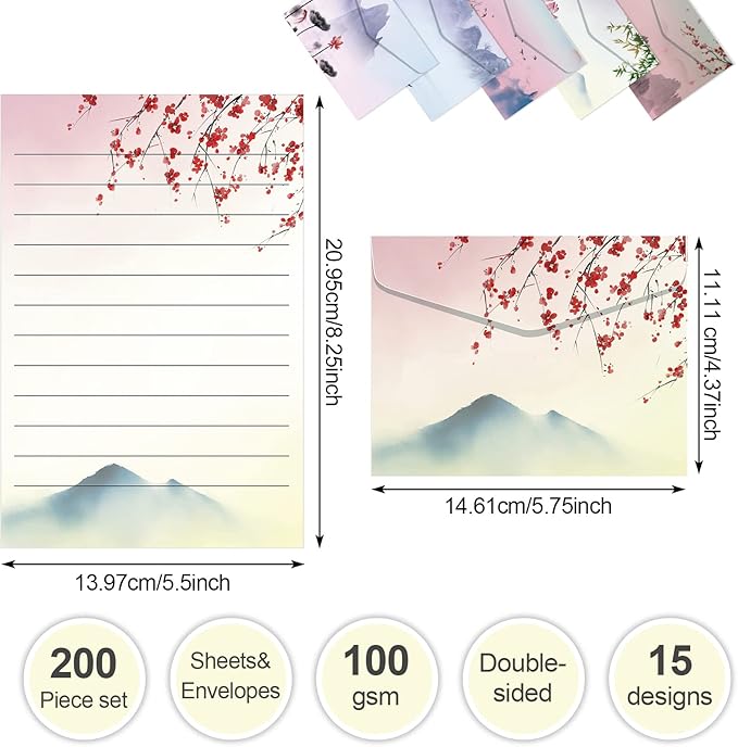 Geyee 200 Pieces Watercolor Stationary Paper and Envelopes Include 100 Lined Sheets and Envelopes, 5. 5 x 8. 25 Inch Double Sided Printing Letter Writing Paper with Mailers(Landscape)