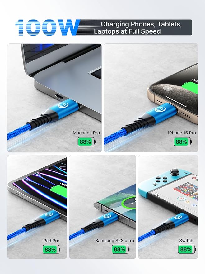 USB C to USB C 100W [6ft/2 Pack] USBC to USBC Cable Charger 5A C to C Fast Charging Cord 5A for MacBook Pro/Air, iPhone 16/15 Pro Max Plus,iPad Pro,Samsung Galaxy S24 Ultra S23,Pixel,PS5,Switch