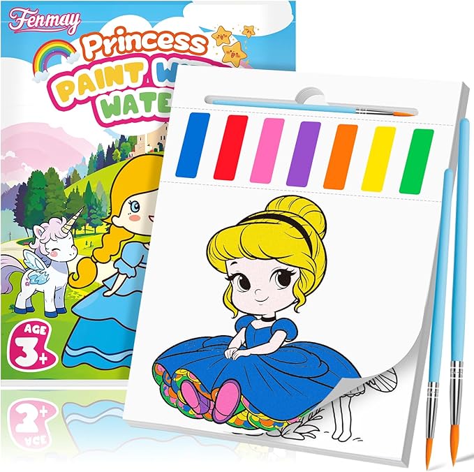 Fenmay Paint with Water Books for Kids, Mess Free Coloring Books with 2 Premium Brushes for Kids Ages 3-5, 4-8, Arts and Crafts Drawing Activities Birthday Gift (Princess)