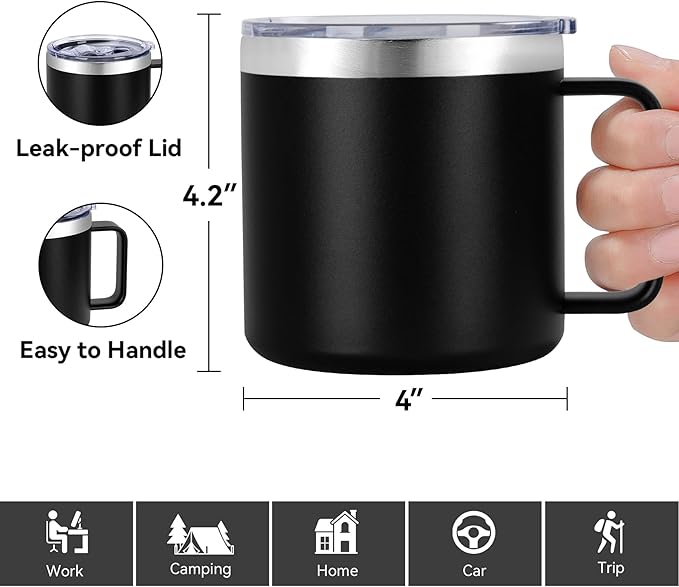 VEGOND 14 oz Insulated Stainless Steel Travel Coffee Mug with Handle, Black 4 Pack