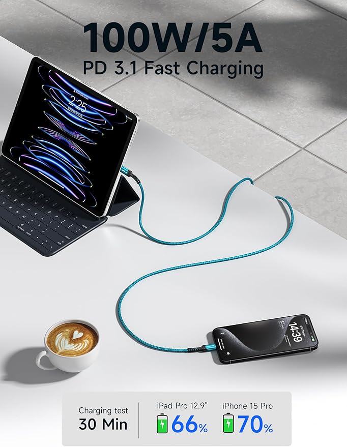JSAUX 100W USB C to USB C Cable for iPhone 17, USBC Type C Charge Cord 5A Fast Charging Compatible with iPhone 17 Air 16 15 Pro Max Samsung Galaxy S25 S24 MacBook iPad Carplay (2-Pack, 6.6ft) Green
