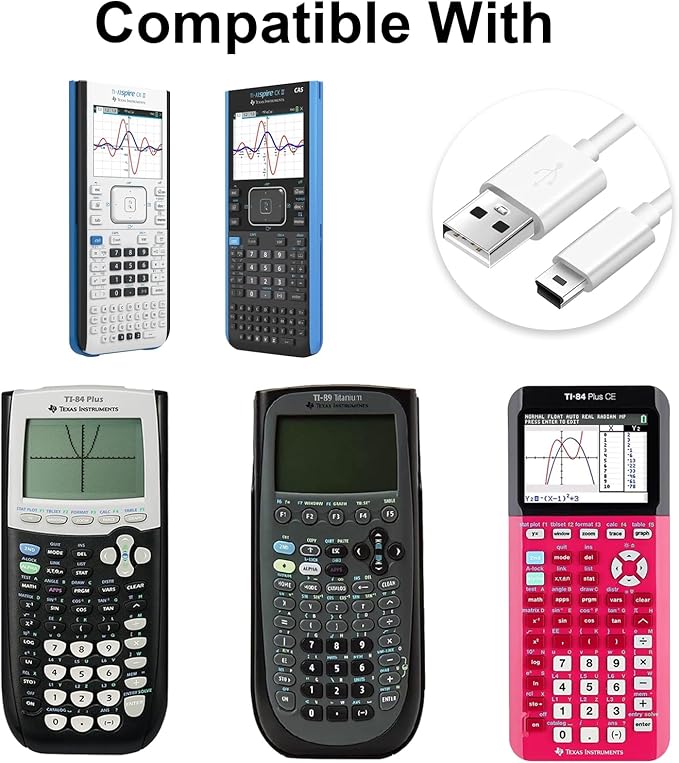 (2 Pack) Mini USB Charger and Data Cable for Texas Instruments Calculators TI-84 Plus CE Graphing Calculator, TI-Nspire CX/CX CAS, TI-84 Plus CE Color/C Silver, TI 89 Titanium (White)