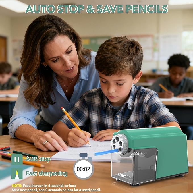 AFMAT Electric Pencil Sharpener for Classroom, 6 Holes, Cordless & Rechargeable, Super Fast, Auto Stop, 10K+ Uses, Heavy Duty Pencil Sharpener for 6-11mm No.2/Large/Colored Pencils PSD4(Green)