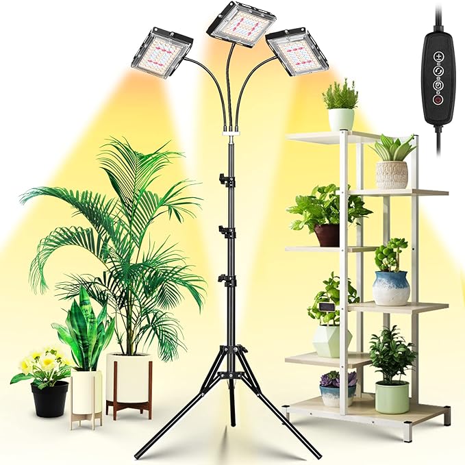 LBW Grow Light with Stand, Tri-Head LED Grow Lights for Indoor Plants | 150 LEDs Full Spectrum Plant Light, 3/6/12H Timer, 6 Brightness, 3 Switch Modes,15-63in Adjustable Stand, for Tall Plants