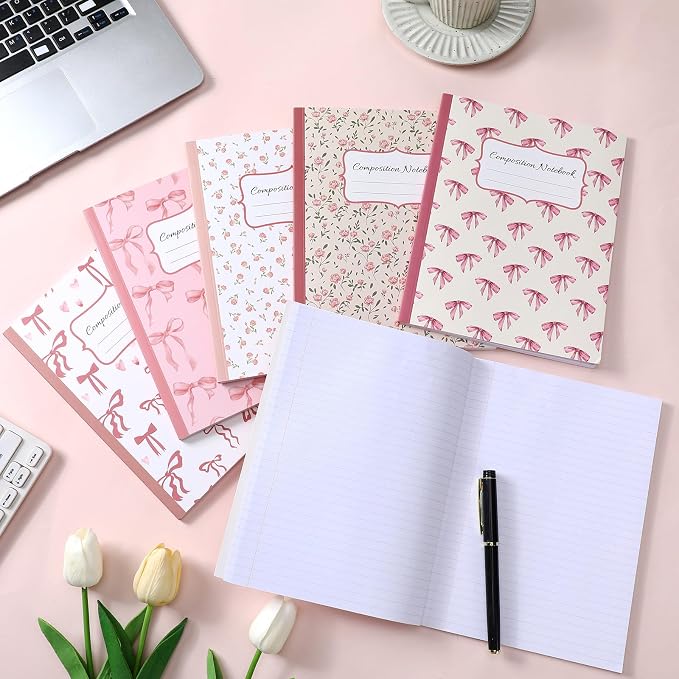 Fullhawl 6 Pack Composition Notebook College Ruled Bulk Pink Bow Composition Notebook Preppy Aesthetic for Back to School Supplies 110 Pages 9-3/4 x 7-1/2" Cute Journal for First Day of School Office