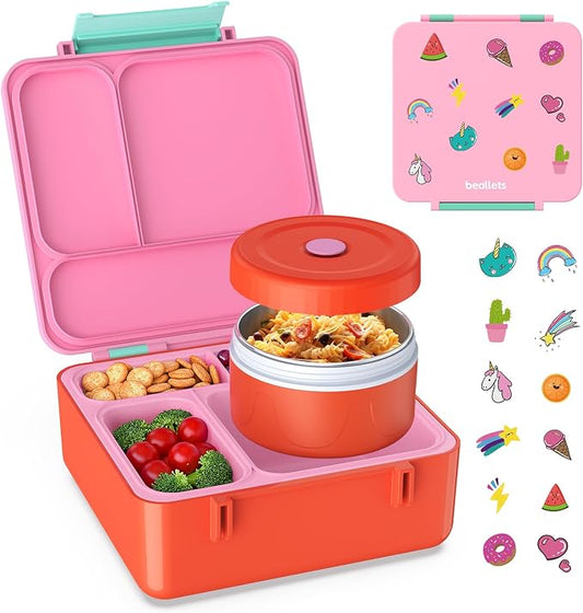 Bento Box for Kids, Lunch Box with Sticker for School | DIY Sticker Fun, Quick Lunch Packing, 4-Compartment Design, Insulated Food Jar, BPA-Free, Leak-Proof