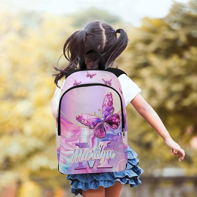 M YESCUSTOM Personalized Girls Backpack Lunch Bag with Name, Butterfly Custom School Backpacks for Kids Teen Waterproof Bookbag Backpacks Set Pencil Pouch