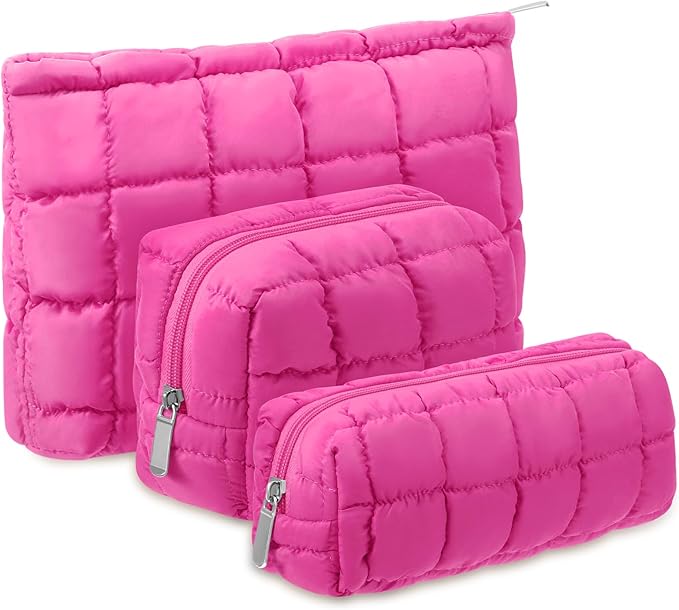 Huhumy 3 Pcs Puffy Makeup Bag Quilted Cosmetic Pouch for Women Cute Checkered Travel Toiletry Bag Puffer Makeup Organizer Purse Pouch Preppy Pencil Case with Zipper(Hot Pink)