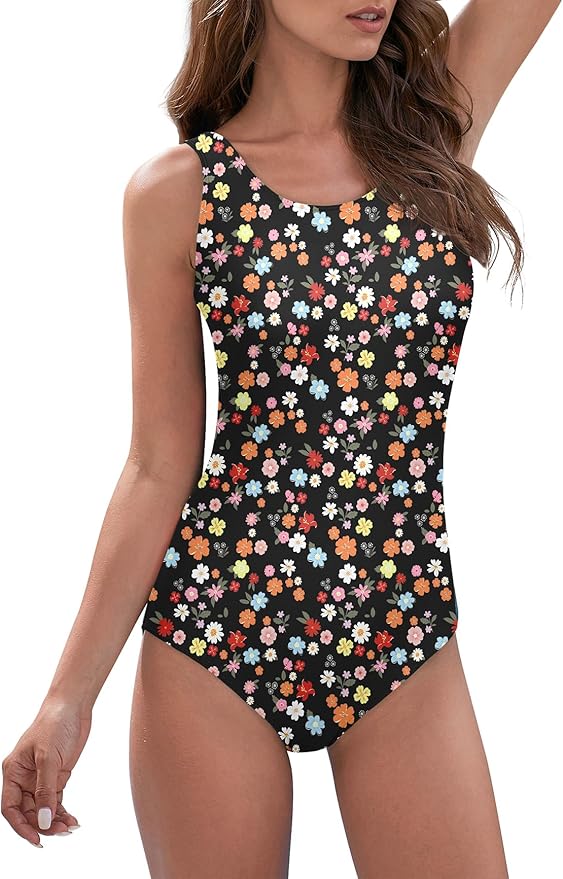 Modest Full Coverage One Piece Swimsuit Floral Bathing Suit Criss Cross Back Swimwear with Built-in Bra