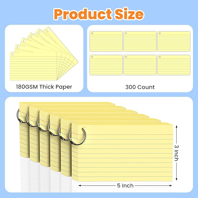 300 Count Yellow Index Cards 3x5 Inch with Ring, Heavy Weight Flash Cards, Note Taking Supplies, Portable Note Cards, Study Flashcards for Students & Teachers, Office Home School Study Supplies