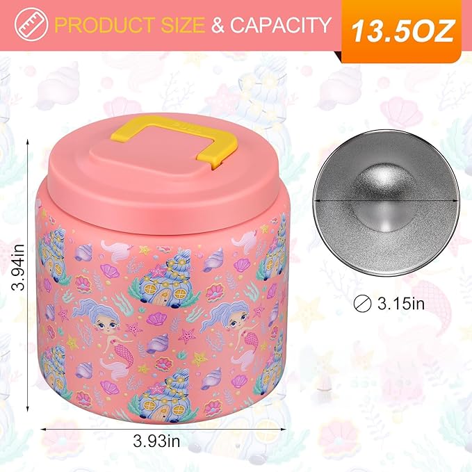 JXXM 13.5 Oz Thermo Food Jar for Hot & Cold Food for Kids, Insulated Lunch Containers Hot Food Jar,Leak-Proof Vacuum Stainless Steel Wide Mouth Lunch Soup Thermo for School (Mermaid)