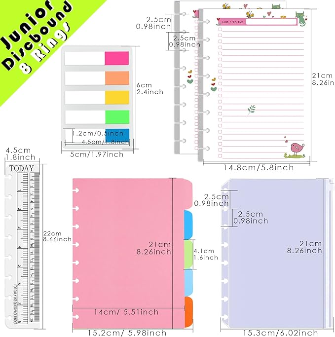 Rancco Junior To-Do List Planner Refills Set, 180 Pages 8 Rings Punched Half Letter Disc Paper Inserts w/Index Tabs, Index Dividers, Loose-Leaf Bag, Ruler For Circa, Arc, TUL, Happy Planner, 5.5x8.5"