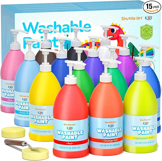 Shuttle Art 15 Colors Washable Paint for Kids, 32 oz Bulk Tempera Paint with Pump, Non-Toxic Kids Washable Paint for Art and Crafts, School & Home Must Haves