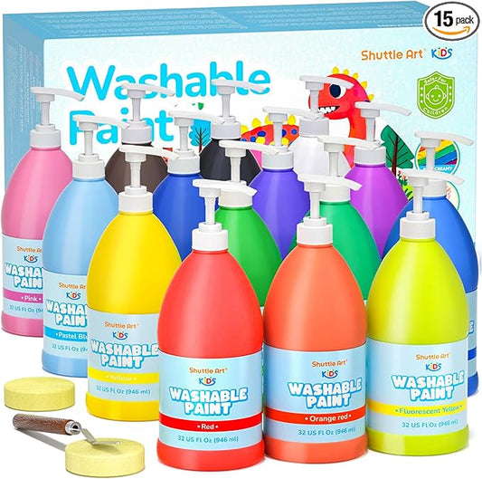 Shuttle Art 15 Colors Washable Paint for Kids, 32 oz Bulk Tempera Paint with Pump, Non-Toxic Kids Washable Paint for Art and Crafts, School & Home Must Haves
