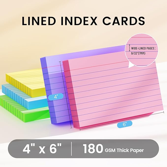 Index Cards 4x6, 200 Sheets, Ruled Color Flash Cards for Effective Studying and Note-Taking, Premium Note Cards, Essential School Supplies for College & Office, Home Organization & Study Supplies