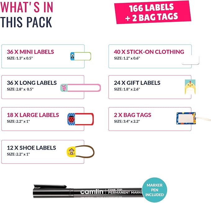 All-in-one Daycare Labels Essentials Pack - 168 Waterproof Name Labels for Kids Stuff Daycare, Clothing Name Stickers for Kids, Baby Bottle, Name Tags for Clothing, Gift Label Sticker & Bag Tags