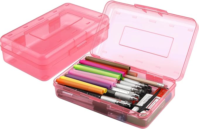 Pencil Box, Large Capacity Clear Pencil Case, 1 Pack Hard Pencil Case, Clear Crayon Box with Snap-tight Lid Stackable Design, Plastic Storage Box for Office Supplies, Pink
