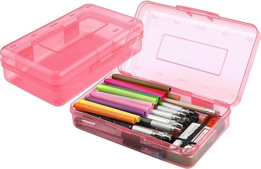 Pencil Box, Large Capacity Clear Pencil Case, 1 Pack Hard Pencil Case, Clear Crayon Box with Snap-tight Lid Stackable Design, Plastic Storage Box for Office Supplies, Pink