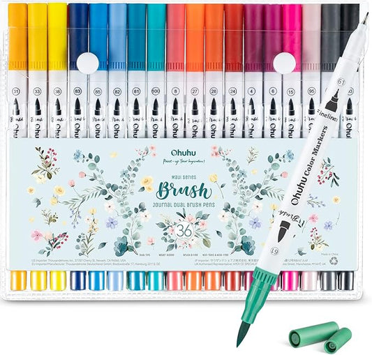 Ohuhu Markers for Adult Coloring Books No Bleeding 36 Colors Coloring Markers Water-based Dual Tips Fineliner & Brush Drawing Pens Art Pens for Kids Adults Sketch Journal - Maui - White