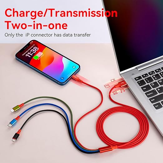 Multi USB Charging Cable 4A, 4-in-1 Braided Charging Cord, Multi Charger Cord, Multiple USB Cable with IP/USB C/Micro Ports Adapter for Cell Phones/iPhone/Tablets/Samsung/Pixel/PS More (2Pack/4Ft)