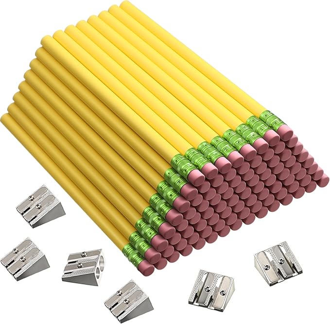 Fainne 102 Pieces Jumbo Pencils Set for Kids Toddlers 96 Thick Fat Large Pencils with Erasers 6 Sharpeners Bulk for Preschool Kindergarten Elementary School Classroom(Yellow,Round)