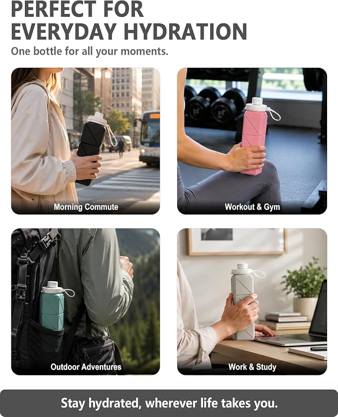 BEAUTAIL Collapsible Water Bottles 21oz/610mL, Silicone Travel Water Bottle | BPA Free, Leakproof & Reusable, Foldable Water Bottle for Traveling, Hiking, Gym, School, Sports, Outdoor, 1-Pack, Starlight