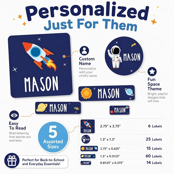 Andaz Press Custom Personalized Waterproof School Name Labels, Outer Space 120-Pack, Kids Labels Combo Pack Customizable Name Stickers Personalized School Supplies Camp Label Daycare Stickers