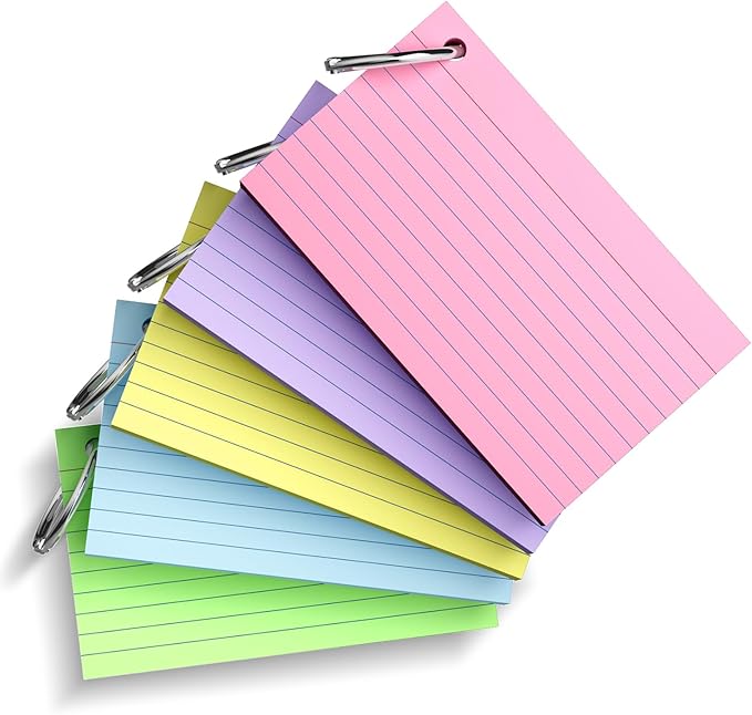 250 Count Index Cards 3x5 Inch with Key Ring, 180gsm Heavy Weight Colored Flash Cards 5 Color Assortment (50 Sheets Each) Note Taking for Students, Study Note Cards for Office School Supplies