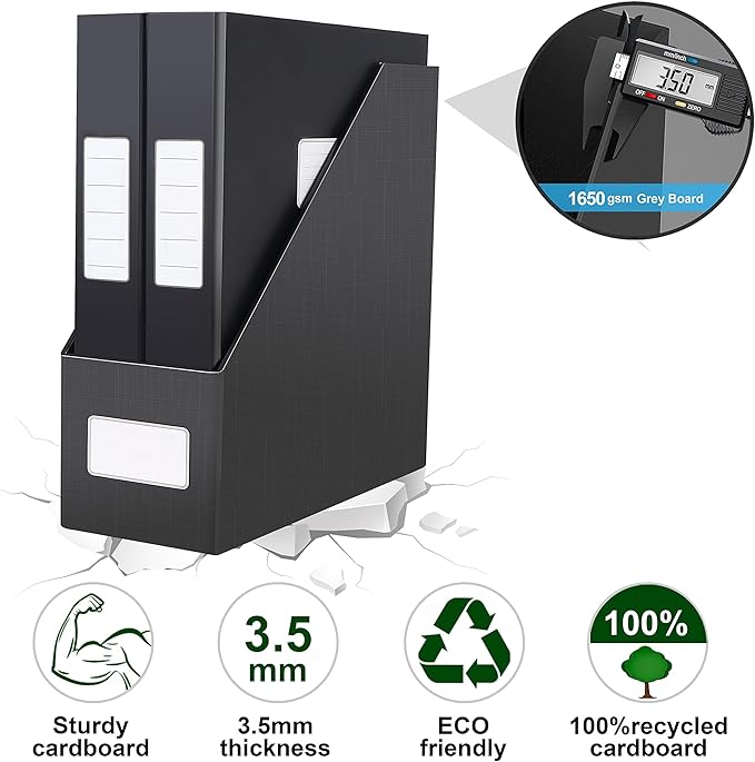 JiaWei Black Magazine File Holders, 3 Packs Sturdy Cardboard File Rack, Office Organization Desktop Storage File Box Binder for Shelves and Desk, Folder Holder for Office or Classroom