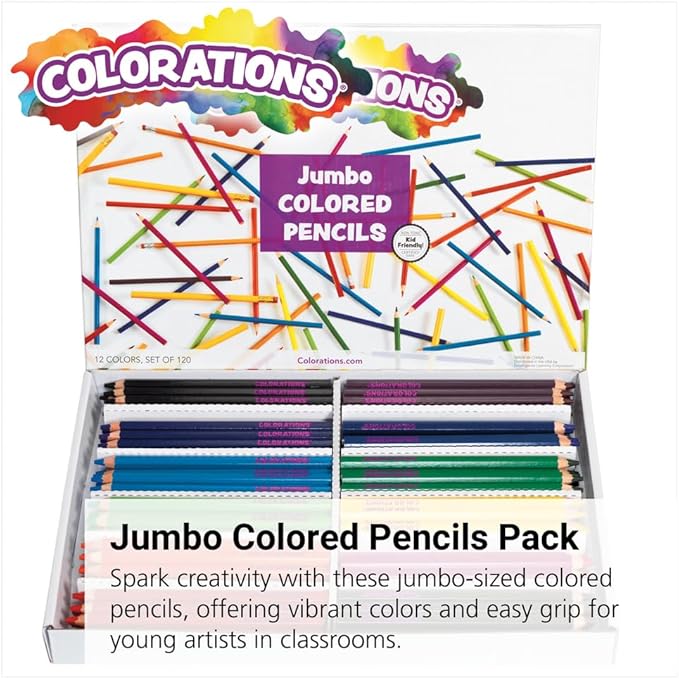 Colorations® Jumbo Colored Pencils, Larger and Hexangonal Shaped for easy gripping, Set of 120 Pencils, 12 Colors, Kids Coloring Pencils, Sustainably Harvested Wood, Home or School Supplies