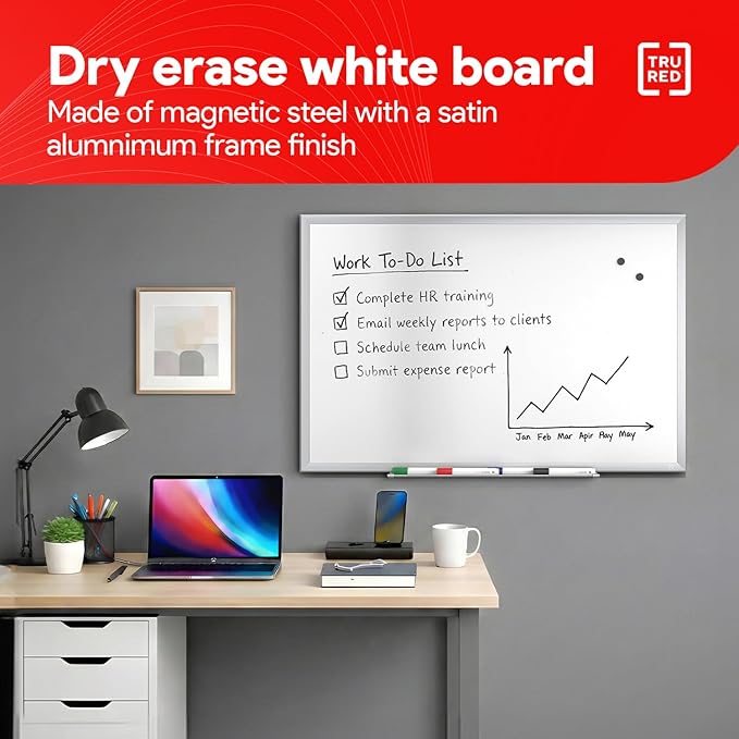 TRU RED Steel Magnetic Whiteboard | Dry Erase Board for Wall, White Board with Satin Frame, 3 ft x 2 ft, + 4 Multicolor Markers