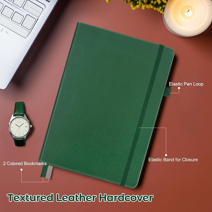 MALEDEN Notebook, A5 Hardcover Leather Notebook for Work, Notebook Journal for Women, Men, 192 Thick Paper, Large Notebook with Pockets, Professional Business Notebook (College Ruled, Green)
