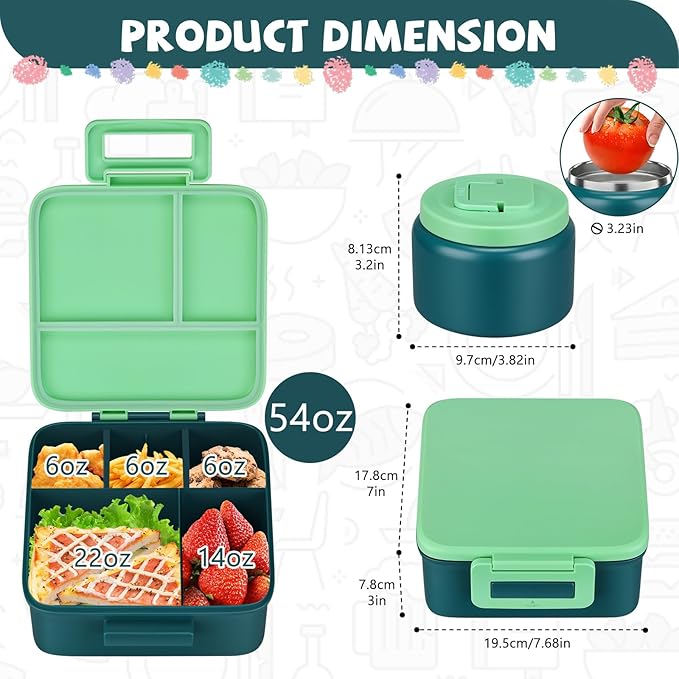MAISON HUIS Bento Lunch Box with 8oz Soup Thermo, 5-Compartment Leak-Proof Container, Thermo Hot Food Jar and Insulated Lunch Bag, BPA Free,Travel, School (Green)