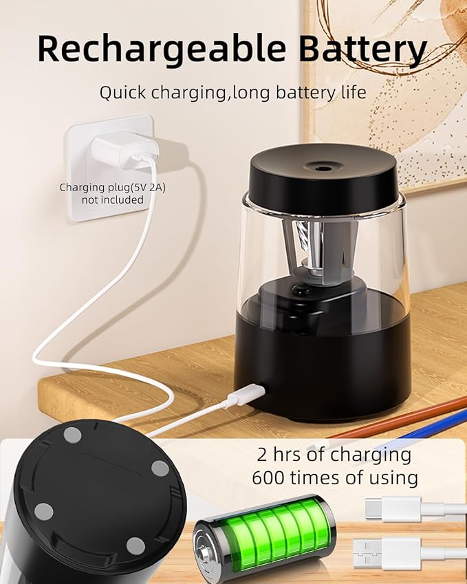 ZMOL Electric Rechargeable Pencil Sharpener, Automatic Pencil Sharpeners Kids, Battery Powered Pencil Sharpeners for Colored Pencils, Auto Stop, Suitable for No.2(6-8mm), Classroom/Home Black