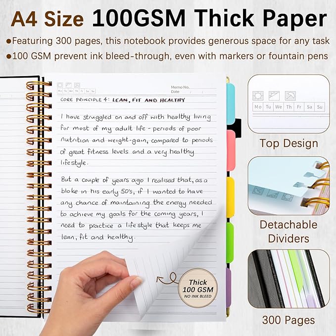 Hardcover Spiral Notebooks for Work 8.5''x 11'', 300 Pages 5 Subject Notebook with Dividers & Tabs, A4 Spiral Journal for Women, College Ruled Notebooks for School Note-Taking (Black)