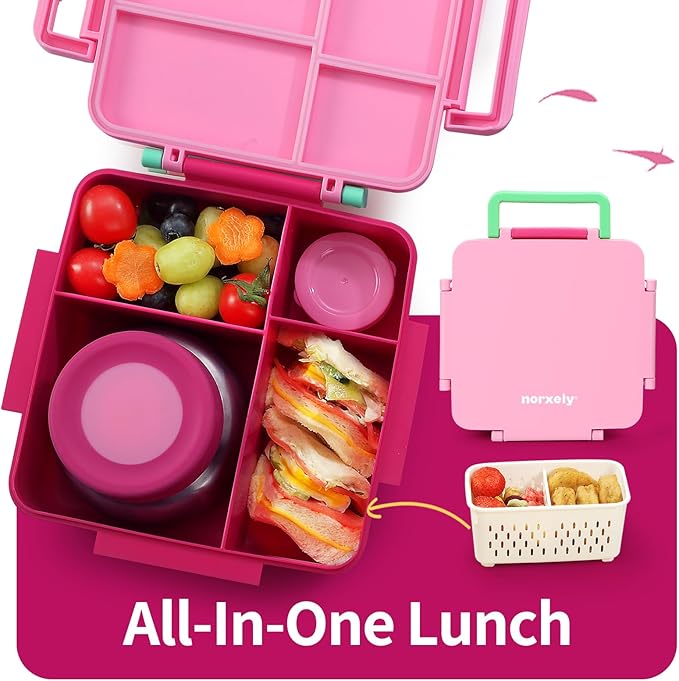 Bento Box for Kids with Thermos, [Large Capacity] Insulated Lunch Box Kids with 4 Compartment for Ages 3+, Drop-Proof & Dishwasher Safe Lunchbox Container Pink