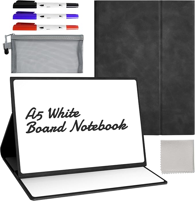Portable Dry Erase White Board Notebook 6" x 9" (A5) with Stand, Small Double Sided Folding Reusable Whiteboard, Anti-Ghosting Surface Foldable Notebook with 3 Markers & 1 Pen Bag, for Draft, Meeting