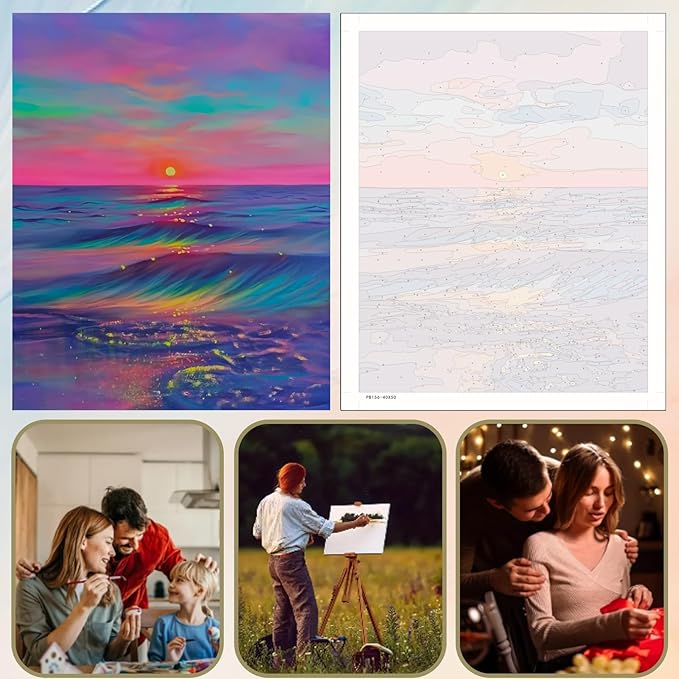 5DDIYART Sunset Beach Paint by Numbers for Adults Beginner, Paint by Number Kits on Canvas, Paint by Easy Acrylic Oil Painting Home Wall Decor 16x20inch