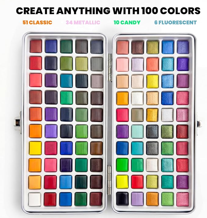 JusArt 100 Colors Watercolor Paint Set,Travel Watercolor Set with Handbag,Art Supplies with Metallic Color, Detail Painting Brushes, Water Brush Pens, Portable Watercolor Supplies for Adult, Artists, Professionals