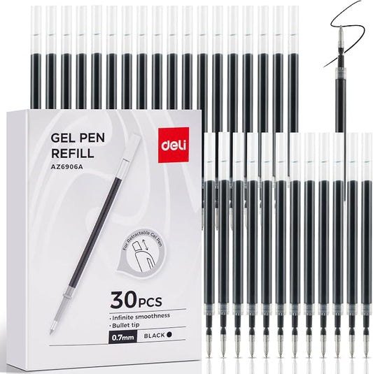 deli Gel Pen Refills, 30 Pcs 0.7mm Retractable Pen Refills Black Ink | Medium Point, Smooth Writing, Fast Dry, No Bleed for Journaling Note Taking, Home School Office Supplies