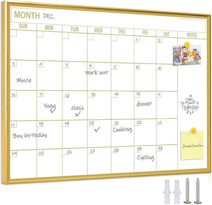 Gold Dry Erase Calendar Whiteboard for wall-20’’x28’’,Portable Aluminum Frame,Magnetic Calendar White Board,Wall Planner Dry Erase Board for Office, Kitchen, School, Home