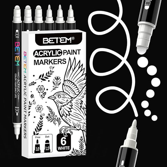 Betem 6 White Dual Tip Acrylic Paint Markers, Fabric Decorating Kits Premium Water-Based Acrylic Paint Pens Art Supplies for Fabric, Rock, Wood, Glass, Canvas, Ceramic, Teacher Appreciation Gift