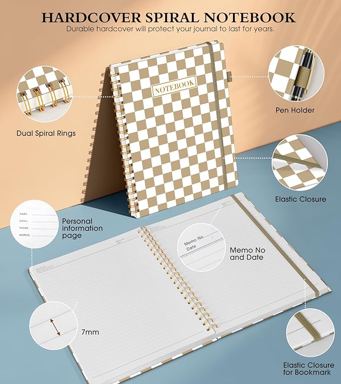 Spiral Notebook Journal 8.5” x 11”, A4 Large Notebooks for Women Men, College Ruled Lined Journal, 100 GSM Paper, Hardcover Spiral Bound Journals for Work School Note Taking Business, Gingham