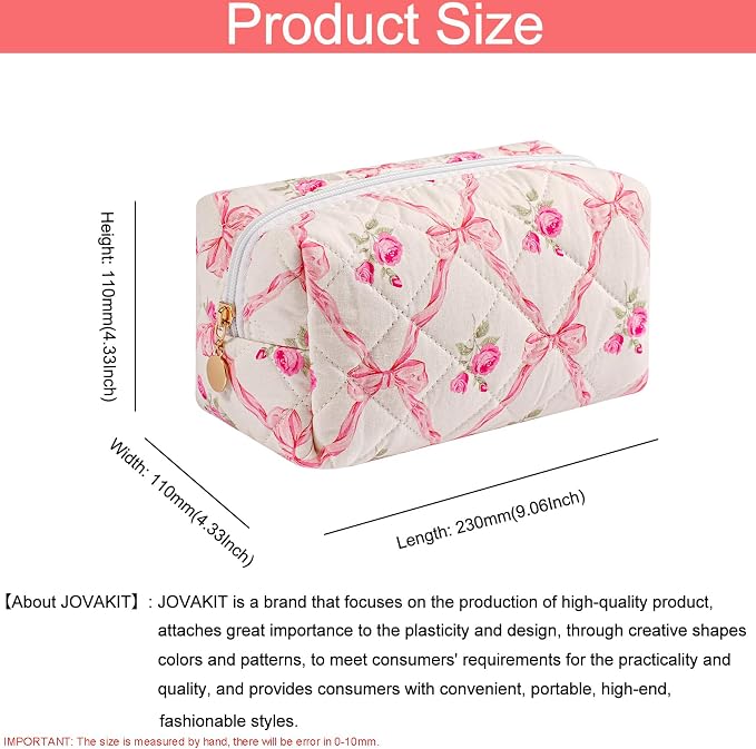 JOVAKIT Square Makeup Bag Cute Cosmetic Bag for Women, Floral Coquette Aesthetic Toiletry Bag, Zipper Make Up Pouch, Travel Make Up Organizer Bag (Pink Bowknot)