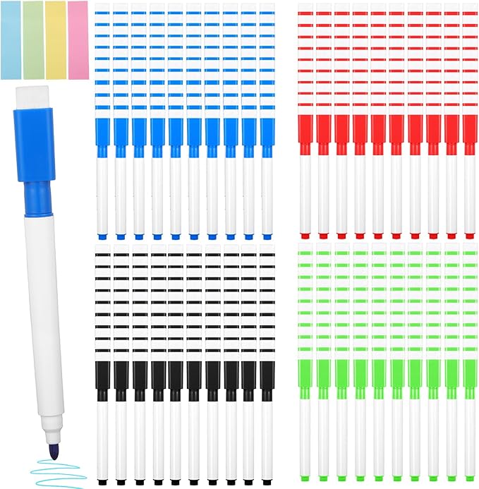 Ptwola 200PCS Magnetic White Board Markers with Erasers Cap, Dry Erase Colorful Fine Point Tip Markers Mini Erasable Whiteboard Pens with 4x100pcs Sticky Notes for Teachers Home Office Supplies