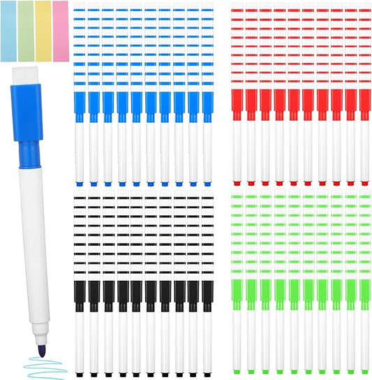 Ptwola 200PCS Magnetic White Board Markers with Erasers Cap, Dry Erase Colorful Fine Point Tip Markers Mini Erasable Whiteboard Pens with 4x100pcs Sticky Notes for Teachers Home Office Supplies