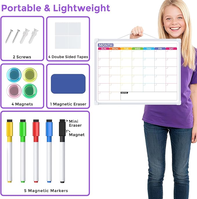 MaxGear Small Monthly Calendar Dry Erase Board for Wall, 16"x12" Hanging Double-Sided White Board with 5 Markers & 4 Magnets, Portable Whiteboard for Home, Office, Planning, Drawing, Memo, to Do List