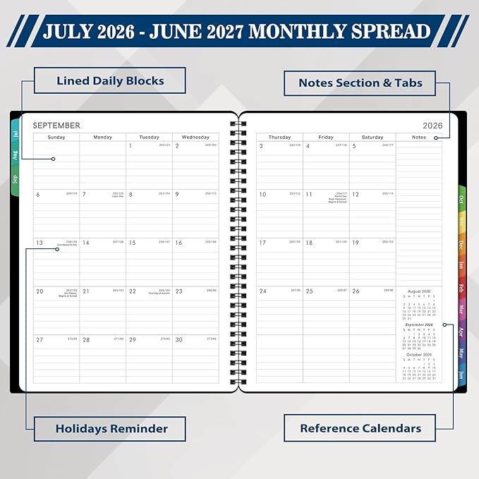 BooQool Planner 2026-2027 for Office, School, Home - Spiral Bound Academic Monthly Weekly Calendar July 2026 - June 2027 Organizer with To Do List, Tabs & PP Cover 8" x 10"